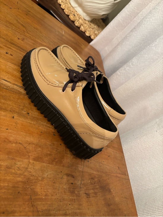 Clarks Shoes - Clarks Beige Patent Platform Oxfords with Black Lug Sole